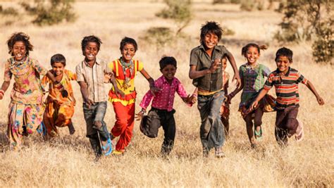 Group Of Running Happy Indian Children Desert Village India Stock Photo