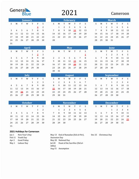 Cameroon 2021 Calendar With Holidays