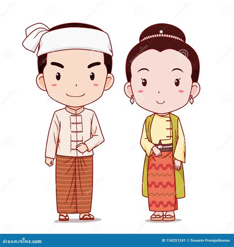 Burmese Couple Traditional National Clothes Of Myanmar Set Of Cartoon