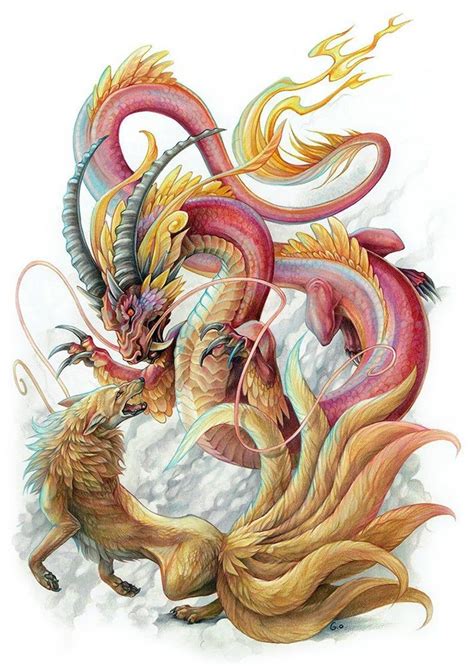 A4 Print Dragon Vs Kitsune Etsy In 2021 Spirit Animal Art Dragon