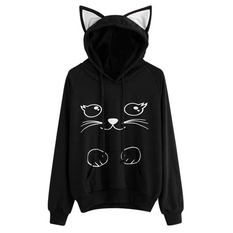 Black Cat Ear Hoodie Coat With Front Pocket Hoodies Womens Fashion