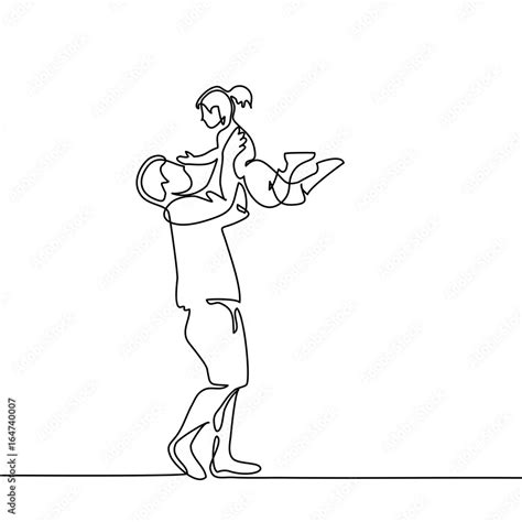 Continuous Line Drawing Vector Illustration Father With Small Daughter