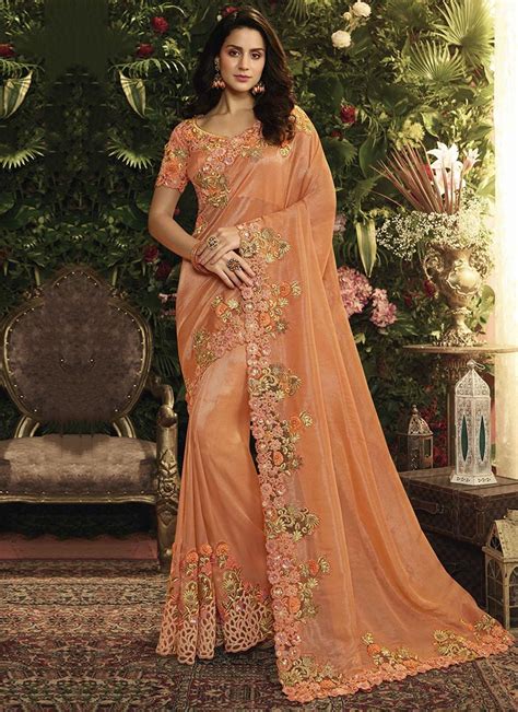 Peach Georgette Silk Embroidered Wedding Saree Sarees Designer Collection