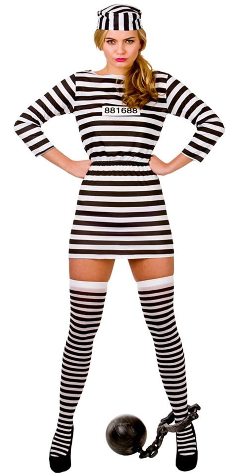 Jailbird Convict Ladies Fancy Dress Prisoner Uniform Womens Halloween
