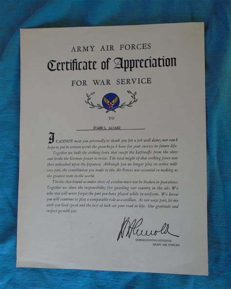 Wwii Army Air Forces Certificate Of Appreciation For War Service