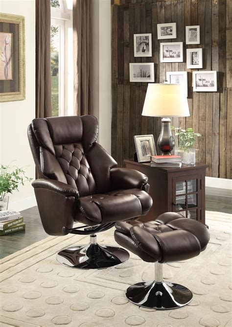 Your living room should be somewhere you can completely relax in comfort, and to do that, a comfortable chair and ottoman are essential. Aleron Brown Swivel Reclining Chair With Ottoman from ...