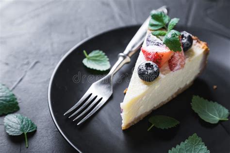 Cheesecake With Fresh Berries And Mint Stock Photo Image Of