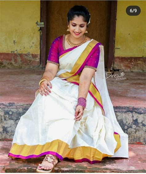 Traditional Kerala Gold Kasavu Tissue Dhavani With Purple Half Saree Designs Onam Outfits