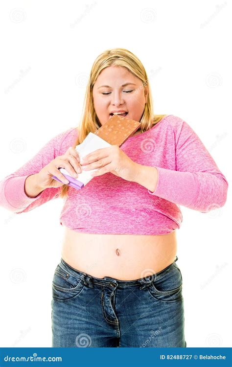 Overweight Woman Eating Large Bar Of Chocolate Stock Image Image Of