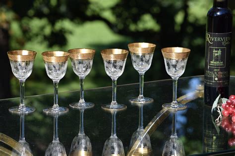 Vintage Gold Rim Encrusted And Etched Wine Cordials Set Of 6 Vintage Gold Rimmed Small Liquor