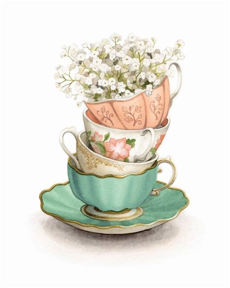 Vintage Teacups With Babys Breath Watercolour Illustration By Alicias