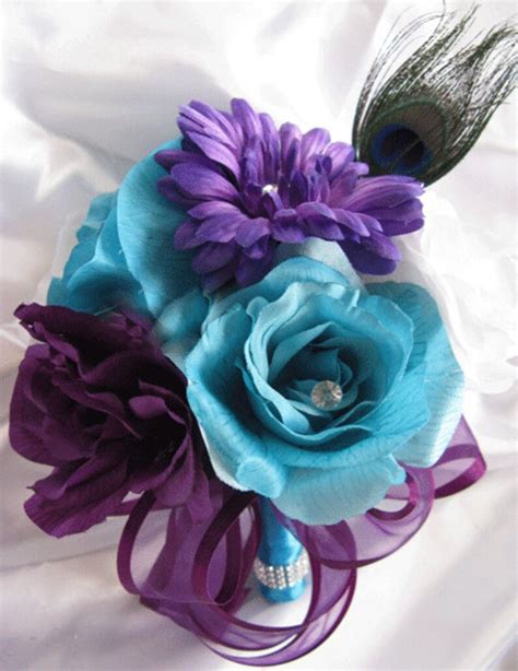 wedding bouquet bridal silk flowers 17 piece package turquoise etsy