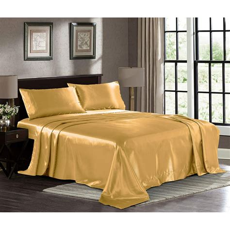 Satin Sheets Queen 4 Piece Gold Hotel Luxury Silky Bed Sheets