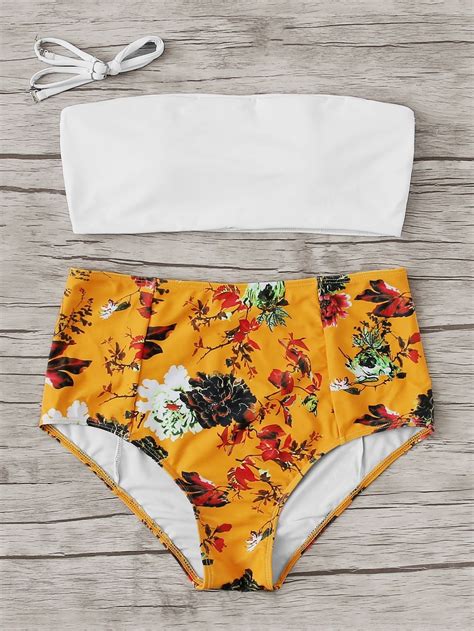White Bandeau Swimsuit With Yellow Floral High Waist Bikini Bottom High Waisted Bikini