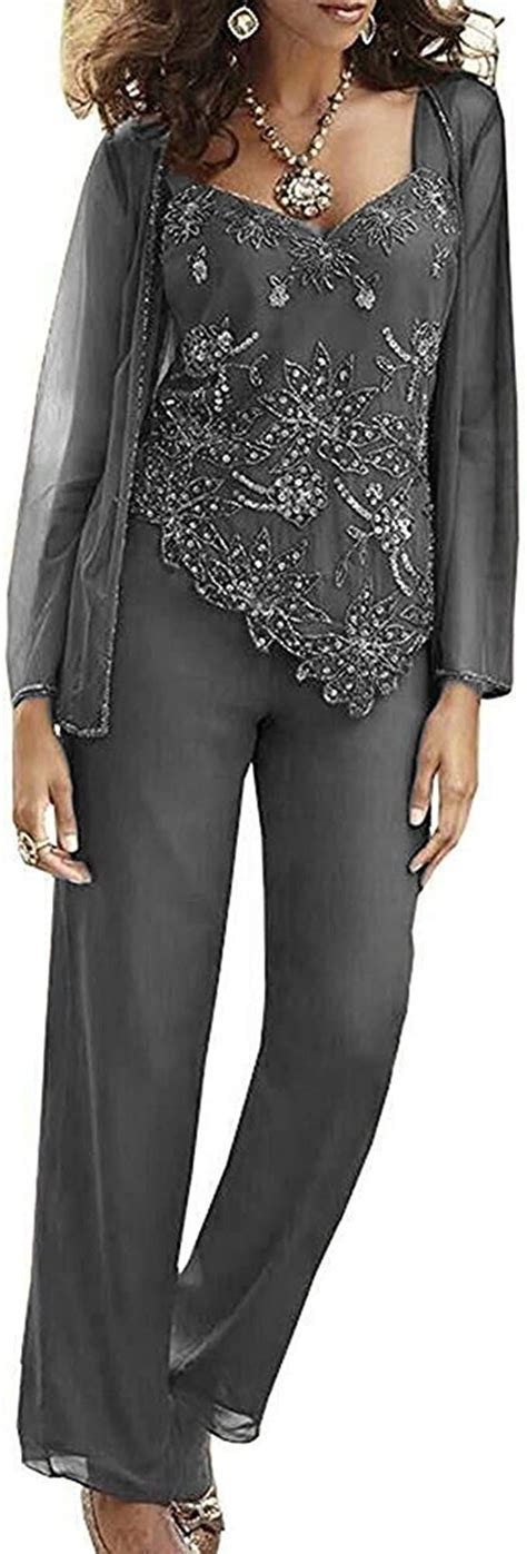 Plus Size Embroidered Sequins Mother Of The Bride Pants Suit Two Piece Side Slit Chiffon Mother