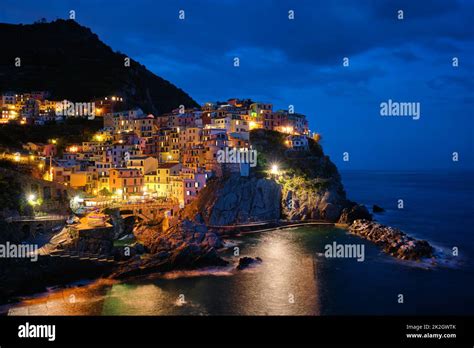Manarola Village In The Night Cinque Terre Liguria Italy Stock Photo