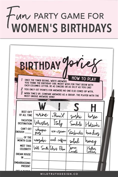 Birthday Gories Women S Party Game For Adults Wild Truth Design Co Birthday Games For Adults