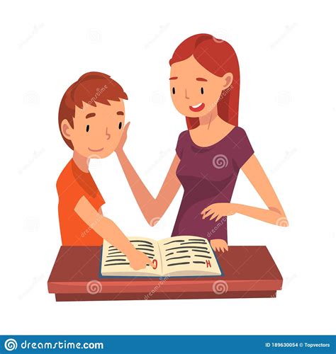 Mother Teaching Her Son Mom Helping Boy With Homework And Explaining