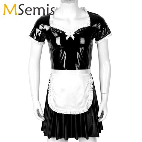 Men Adults Sissy French Maid Dresses Cosplay Costume Apron Set Wetlook Clubwear Patent Leather