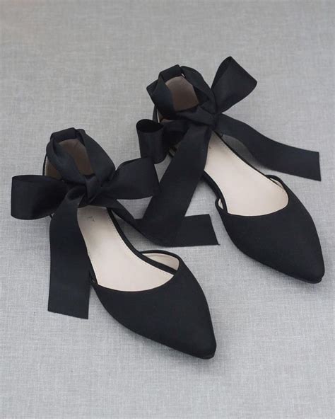 Black Satin Pointy Toe Flats With Ankle Tie Or Ballerina Lace Etsy