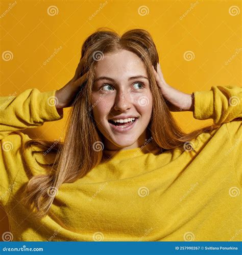 Excited Girl Touching Her Head And Looking Away Stock Image Image Of Freckles European 257990267