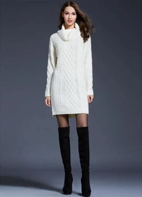 Quality Solid White Loose Knitted Sweater Dress Autumn Winter Long