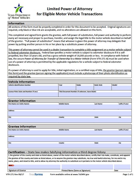 Free Texas Motor Vehicle Power Of Attorney Form Pdf