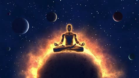 Cosmic Meditation Silhouette Of A Person Sitting In Lotus Pose And Achieving Enlightenment