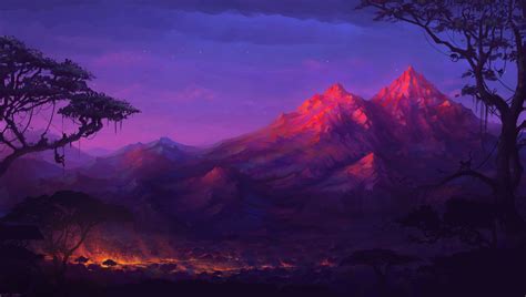 Artwork Fantasy Art Mountain Colorful Monkeys Night Trees Fire