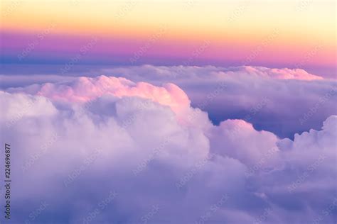 Beautiful Sunset Sky Above Clouds With Nice Dramatic Light View From