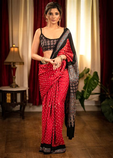 Red Modal Silk Bandhej Saree With Ajrakh Pallu And Border Sujatra