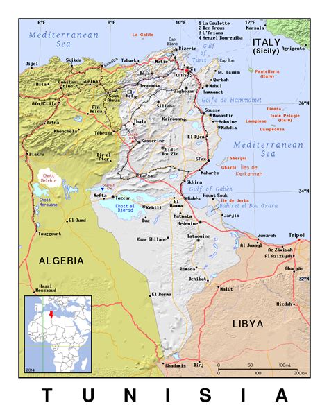 Detailed Political Map Of Tunisia With Relief Tunisia Africa