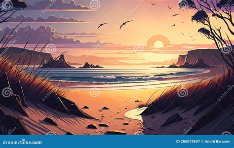 Calm Beach With Sunrise And Sunset Sky With Rocks On The Horizon Stock