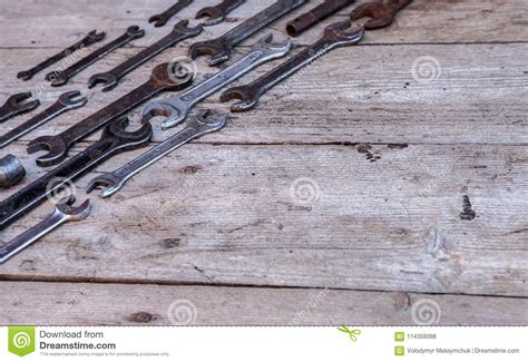 Metal Wrench Rusty Tools Lying On A Black Wooden Table Hammer Chisel