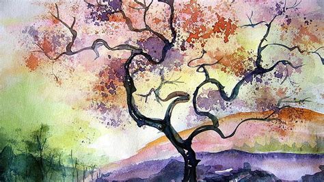 Hd Wallpaper Bare Tree Painting Watercolor Artwork Warm Colors