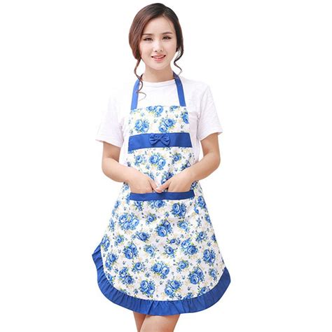 Women Bib Floral Print Bowknot Kitchen Restaurant Cooking Pocket Dress Apron In Aprons From Home