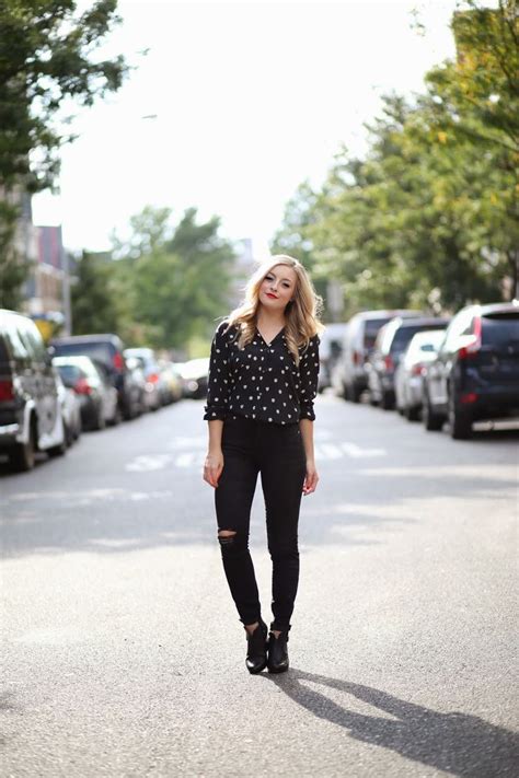 I Heart Fall Rachmartino Fashion Polka Dots Outfit Black Ripped Jeans
