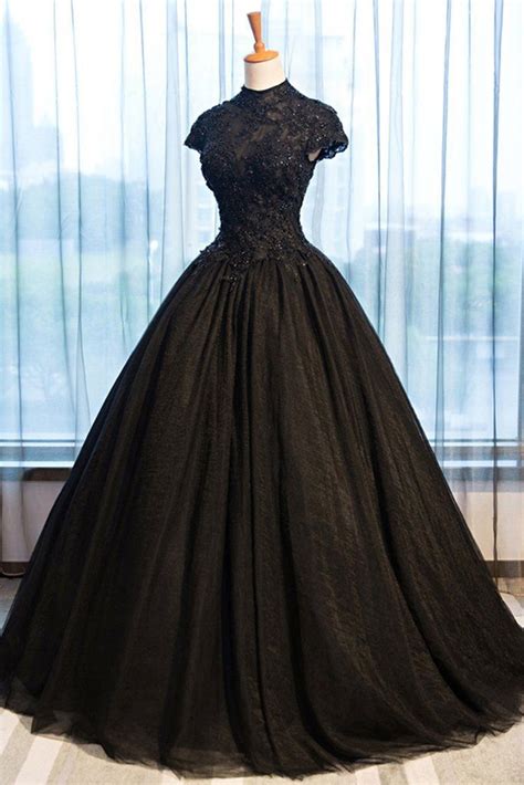 Black Tulle Cap Sleeve Long High Neck Beads Ball Gown Open Back Prom
