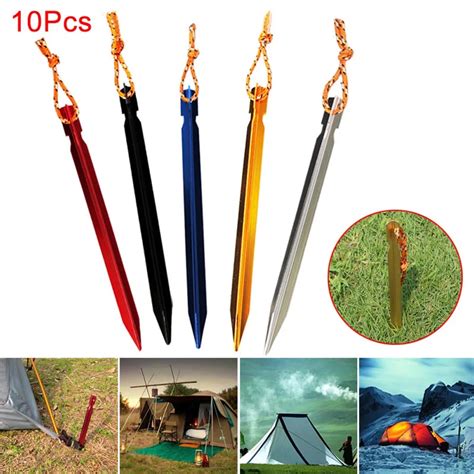 10pcs Nature Hike Tent Peg Aluminium Alloy Tent Peg Nail Stake With Rope Camping Equipment