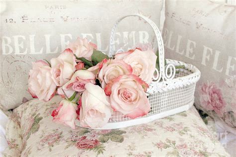 Dreamy Cottage Shabby Chic Pink Roses In White Basket Belle Fleur