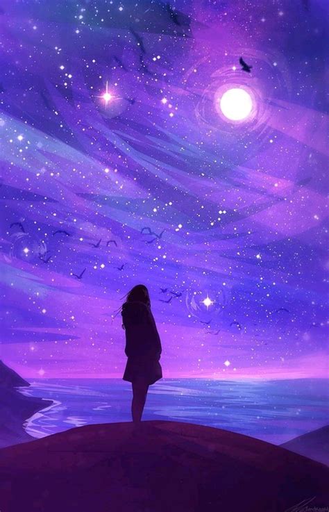 Girl Silhouette Countless Stars Over The Shore Shining