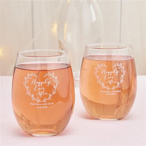 Personalized Wedding 9 Oz Stemless Wine Glass Happily Ever Etsy Stemless Wine Glass Favors