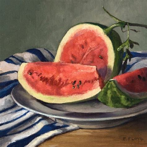 This Still Life Painting Of Sliced Watermelon On A Plate With A Blue