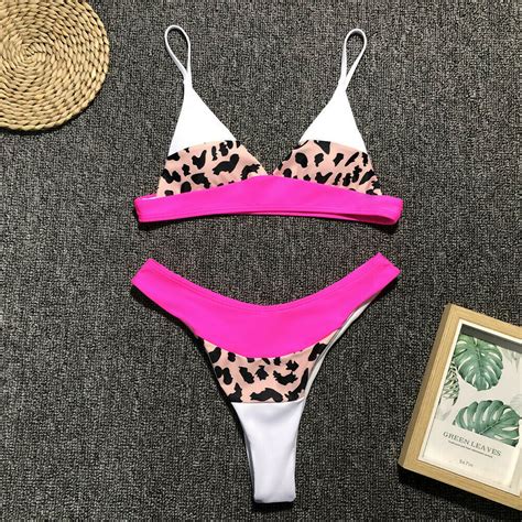 Summer Sexy Leopard Printed Patchwork Bikini Set Women High Waist Swimsuit Push Up Padded Bra