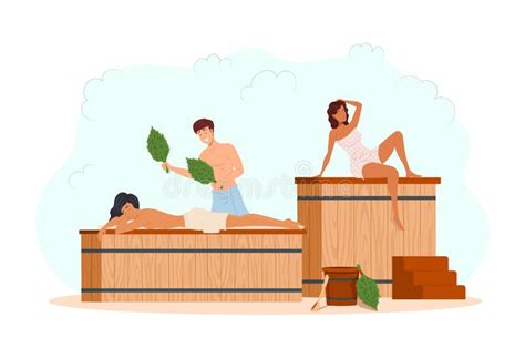 Diverse People Wearing Towels Relaxing Massage At Sauna With Heat Steam Broom Spa Hygienic