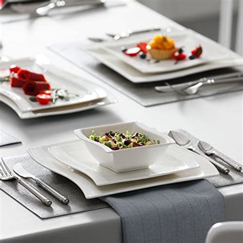 MALACASA Plates And Bowls Sets 36 Piece Ivory White Square Dinnerware