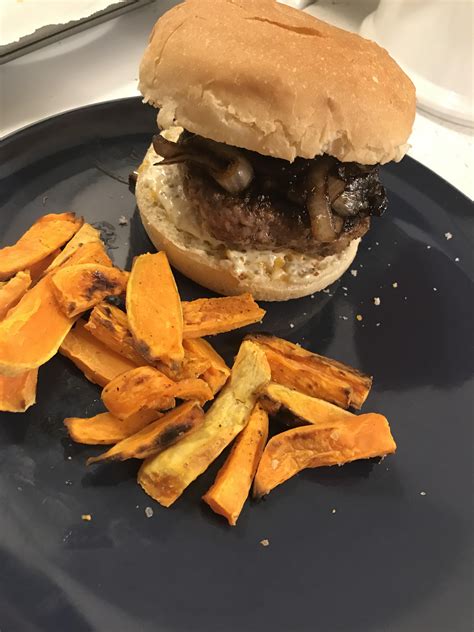 Retro Burgers With Caramelized Onions And Roasted Sweet Potatoes Very