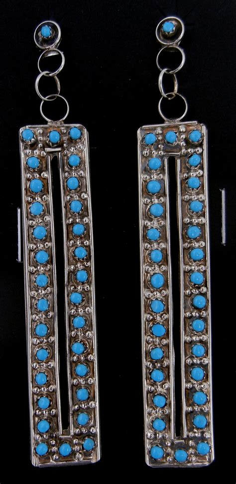 Zuni Large Rectangular Turquoise Petit Point And Sterling Silver Dangle