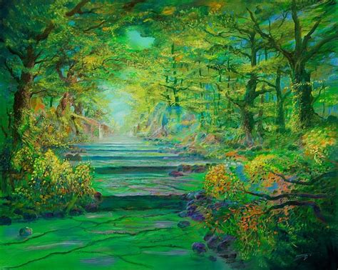 An Oil Painting Of A Path Through A Forest Filled With Green Plants And