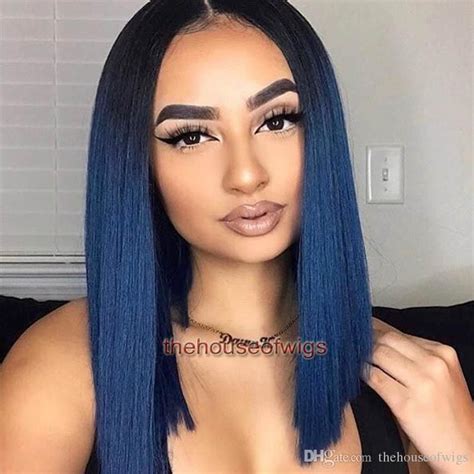 Silky Straight Ombre Full Lace Wigs Glueless Two Tone 1btblue Lace Front Human Hair Wigs For